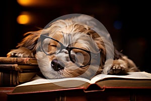 Dog asleep reading. Generate Ai