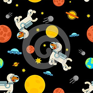 Dog astronaut space pattern seamless. Pet spaceman background. puppy cosmonaut costume. Universe textire