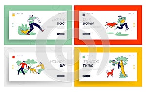 Dog Attack Landing Page Template Set. Aggressive Animals Biting and Barking on Characters. Delivery Man with Parcel