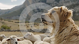 a dog attentively watching over a flock of sheep on a picturesque farm, embodying the timeless bond between canine and