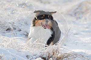 A dog of the Australian shepherd breed plays