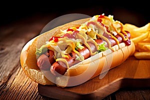 dog background yellow fast sauce sausage american bread hot meat food. Generative AI.