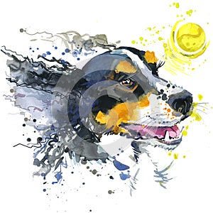 Dog and ball illustration with splash watercolor textured background.