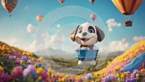 dog with balloons A jovial puppy with a beaming smile, sitting in a blue hot air balloon shaped like a basket