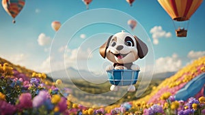 dog with balloons A jovial puppy with a beaming smile, sitting in a blue hot air balloon shaped like a basket photo