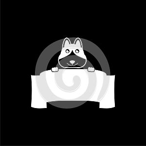 Dog Banner, dog holding blank sign icon or logo on dark background