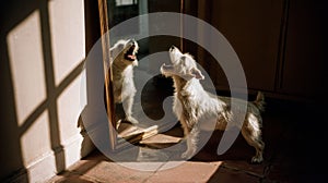 Dog barking at its reflection in sunlight.