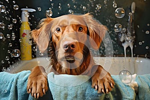 dog bath time with bubbles and shampoo