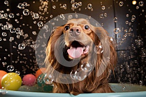 dog bath time with bubbles and shampoo