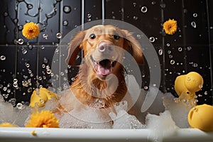 dog bath time with shampoo bubbles and rubber duck