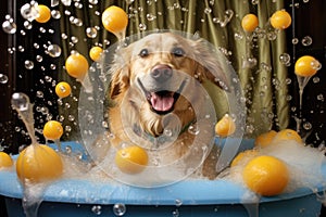 dog bath time with shampoo bubbles and rubber duck
