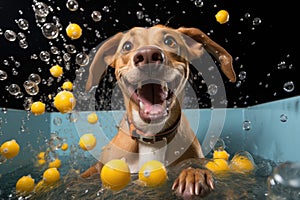 dog bath time with shampoo bubbles and rubber duck