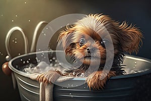 Dog bathing in the bathtub. Animal care at the petshop. Generative AI.