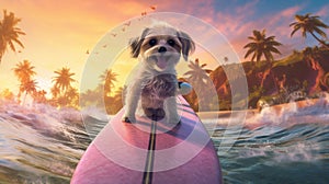 dog beach animal summer funny ocean puppy wave surfer vacation. Generative AI.
