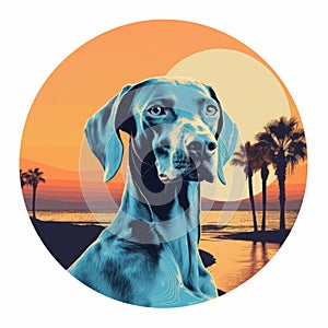 Pop-art Inspired Graphic Design: Weimaraner Dog At Sunset On The Beach photo