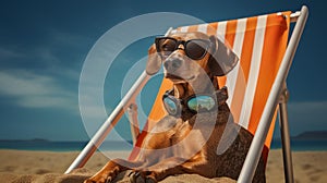 Dog on beach chair wearing sunglasses