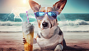 Dog on the beach with a cocktail.