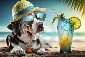 Dog on the beach with a cocktail.
