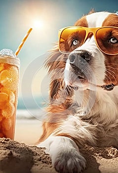 Dog on the beach with a cocktail.