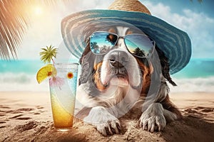 Dog on the beach with a cocktail.