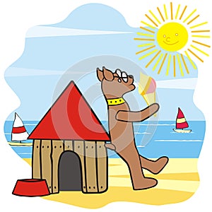 Dog on beach by doghouse, funny vector illustration