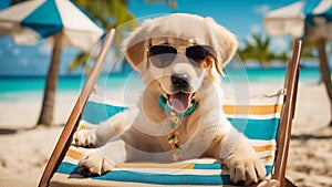 dog on the beach A golden retriever puppy with a comical expression, wearing oversized sunglasses and a lei, lounging