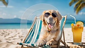 dog on the beach A golden retriever puppy with a comical expression, wearing oversized sunglasses lounging