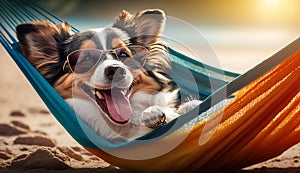 The dog on the beach lies in a hammock with a cocktail smiles happy in sunglasses. Generative AI,