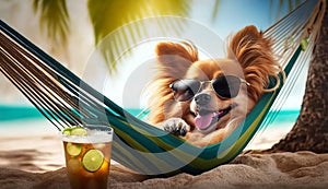 The dog on the beach lies in a hammock with a cocktail smiles happy in sunglasses. Generative AI,