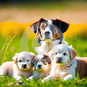 Dog and beautiful puppies lie on the meadow