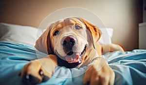 Dog on a bed is smiling, close-up, humorous photo