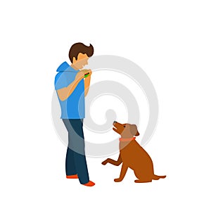 Dog begging for food while owner is eating isolated vector illustration graphic
