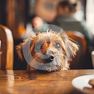 Dog begging for food, pet looks at owner plate with hungry eyes, dog head begs to feed it