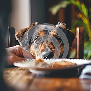 Dog begging for food, pet looks at owner plate with hungry eyes, dog head begs to feed it