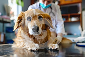dog being treated by veterinarian. pet examined at vet appointment, healthcare, vet clinic concept