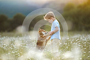 A dog is the best friend for a child . Animal with human outdoors