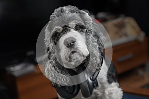 A dog in big black wireless headphones