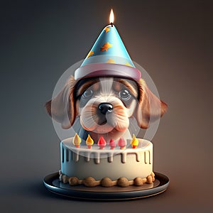 Dog with birthday cake the cake on a table