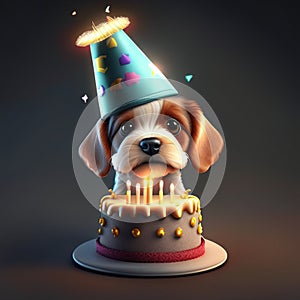 Dog with birthday cake the cake on a table