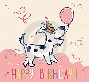 Dog birthday card cool design. Greeting post card template. Poppy date of birth. Happy birthday slogan.