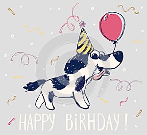 Dog birthday card cool design. Greeting post card template. Poppy date of birth. Happy birthday slogan.