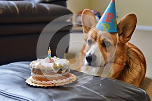 dog with birthday hat and a cakeshaped doggy treat