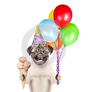 Dog in birthday hat holding balloons and ice cream. isolated on white background