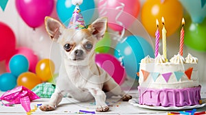 Dog Birthday party with cake candle and birthday caps. Birthday party for chihuahua puppy on a background of one color