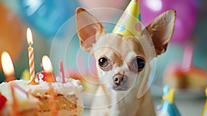 Dog Birthday party with cake candle and birthday caps. Birthday party for chihuahua puppy on a background of one color