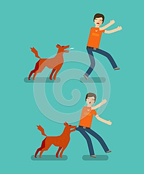 Dog bite man. Cartoon vector illustration