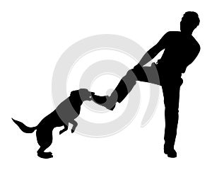 Dog bite man silhouette vector on white