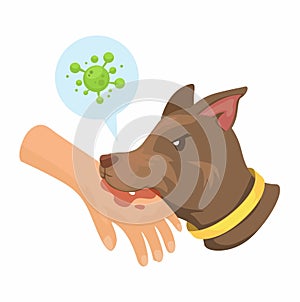 Dog Bites Hand Transmits Rabies Bacteria Virus. Animal Healthcare Symbol Cartoon illustration Vector