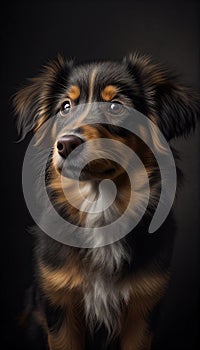 a dog with black, brown and white fur sitting down