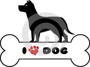 Dog Black Silhouette Over Bone With Text And Red Love Paw Print